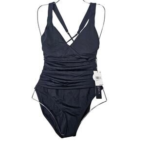NEW La Blanca 10 Black One Piece Slimming Swimsuit Lace Up Back Ruched